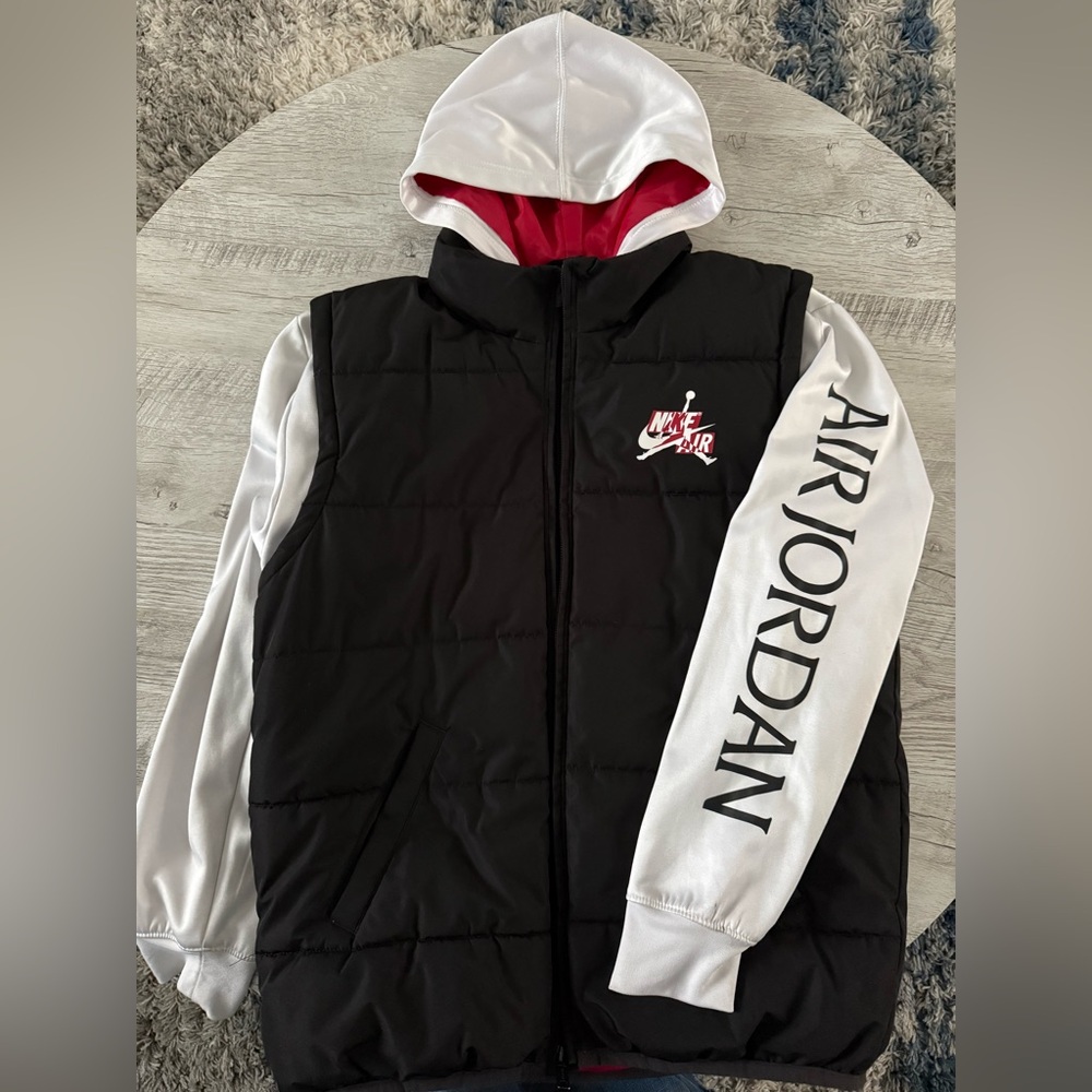 Air Jordan kids Black Puffer Vest Jacket with White Sleeves